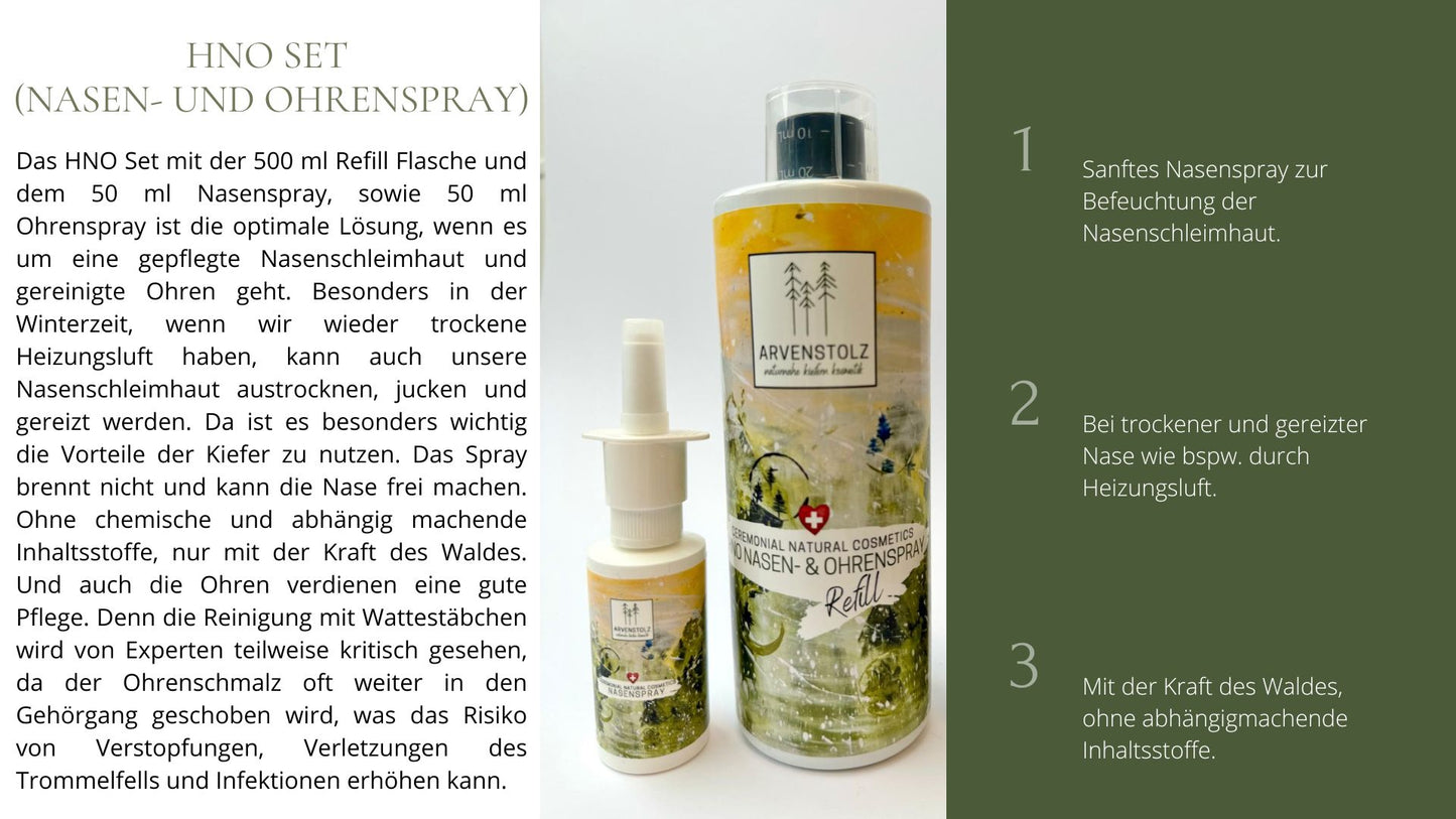 HNO-Set mit Kieferhydrolat – Nasen- und Ohrenspray + Nachfüllflasche